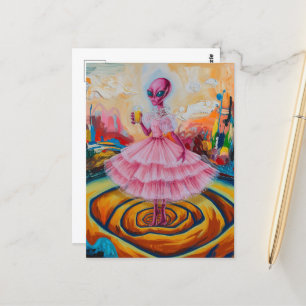 Carte Postale Dame Alien Surrealiste en Rose Avec du Jus d'Orang