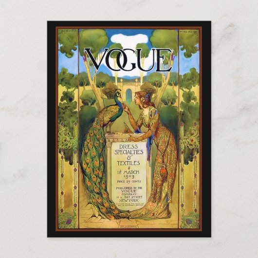 Carte Postale Dame Art déco avec paon dans le jardin (Devant)