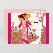 Carte Postale Dame Art déco branchée dans un jardin Rose (Devant / Derrière)