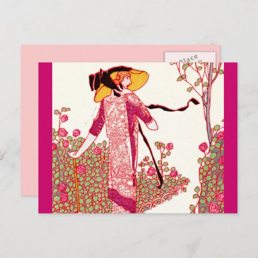 Carte Postale Dame Art déco branchée dans un jardin Rose (Devant / Derrière)