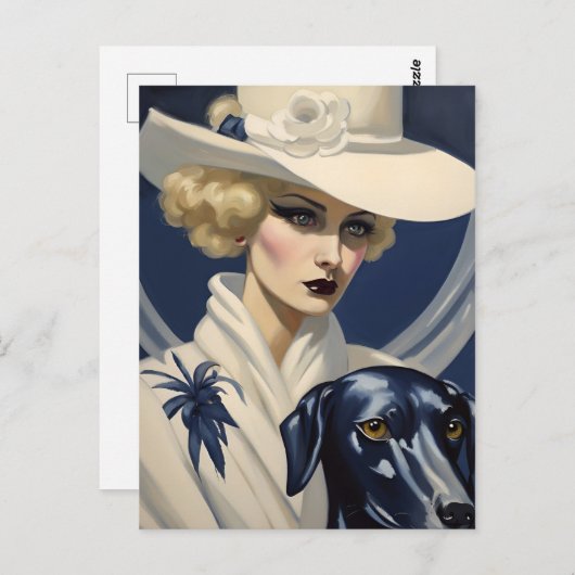 Carte Postale Dame Art déco en blanc avec chien noir, époque Gat (Devant / Derrière)