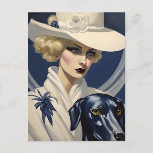Carte Postale Dame Art déco en blanc avec chien noir, époque Gat (Devant)