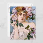 Carte Postale Dame Art Nouveau aux fleurs (Devant / Derrière)