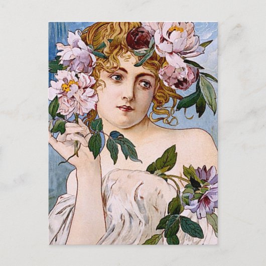 Carte Postale Dame Art Nouveau aux fleurs (Devant)