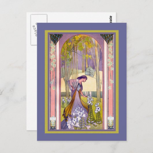 Carte Postale Dame Art nouveau dans la forêt (Devant / Derrière)