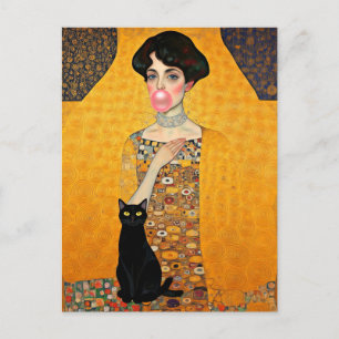Carte Postale Dame au Bubble Gum Rose avec Chat Noir Gustav Klim