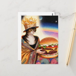 Carte Postale Dame au chat Frites françaises Chapeau et un Chees