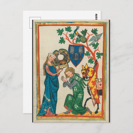 Carte Postale Dame au chevalier, manuscrit médiéval du XIVe sièc (Devant / Derrière)