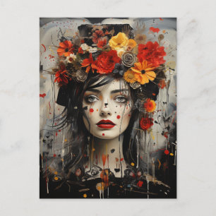 Carte Postale Dame aux fleurs dans ses cheveux Grunge Peinture