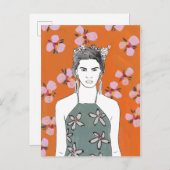 Carte Postale Dame aux fleurs roses - Orange (Devant / Derrière)