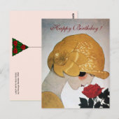 Carte Postale DAME AVEC ROSE ROUGE Joyeux anniversaire (Devant / Derrière)