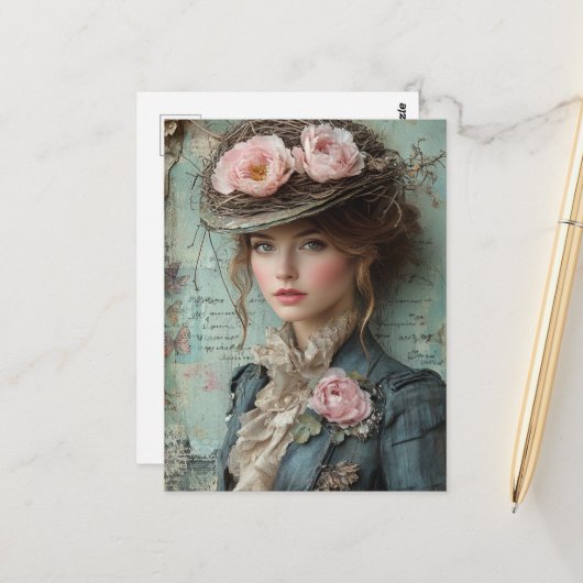 Carte Postale Dame avec un Casquette de la nature (Devant/Arrière en situation)