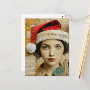 Carte Postale Dame avec un chapeau de Père Noël Collage en techn