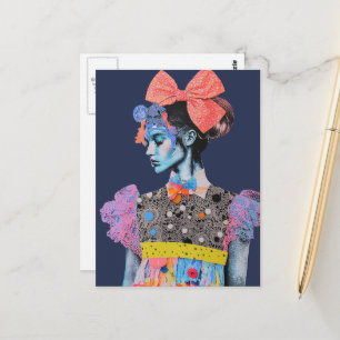 Carte Postale dame Collage Coloré Un grand nœud dans ses cheveux