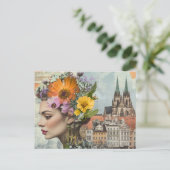 Carte Postale Dame dans un collage de fleurs de ville Bâtiments (Debout devant)