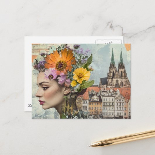 Carte Postale Dame dans un collage de fleurs de ville Bâtiments (Devant/Arrière en situation)