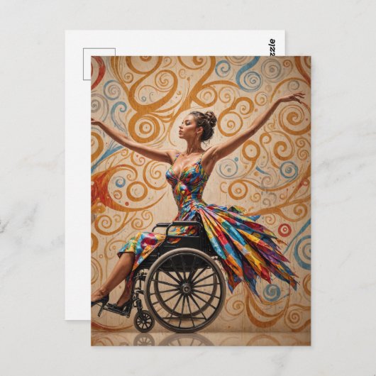 Carte Postale Dame dansante en fauteuil roulant (Devant / Derrière)