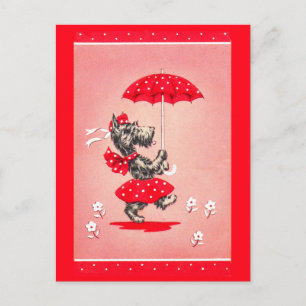 Carte Postale Dame de chien écossaise portant un parapluie