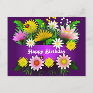 Carte Postale Dame de fleurs colorées Watercolor Birthday