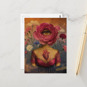 Carte Postale Dame de fleurs rose surréaliste collage