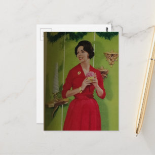 Carte Postale Dame de Noël joyeuse des années 1950 en robe rouge