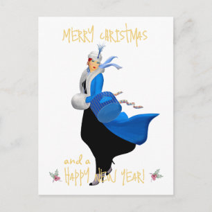 Carte Postale Dame de Noël vintage salutation Joyeux Noël