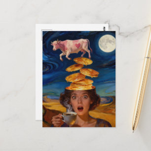 Carte Postale Dame de petit-déjeuner surprise Crêpes Café Vache