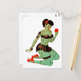 Carte Postale Dame de pin-up zombie rétro Halloween avec pomme