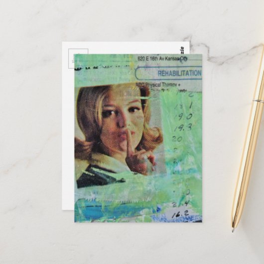 Carte Postale Dame dit chut Collage de techniques mixtes (Devant/Arrière en situation)