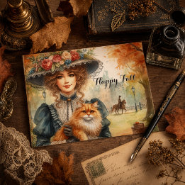 Carte Postale Dame élégante avec Chat Heureuse Chute