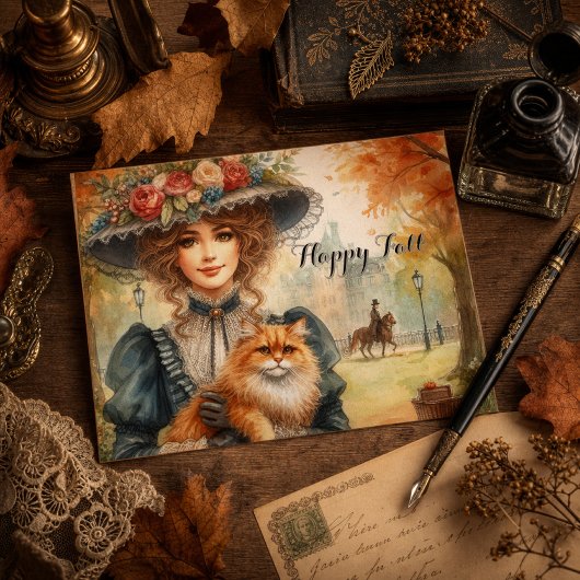 Carte Postale Dame élégante avec Chat Heureuse Chute