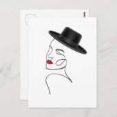 Carte Postale Dame en Casquette noir avec Red Lips Line Art (Devant / Derrière)