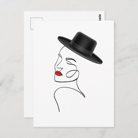 Carte Postale Dame en Casquette noir avec Red Lips Line Art (Devant / Derrière)