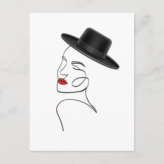 Carte Postale Dame en Casquette noir avec Red Lips Line Art (Devant)
