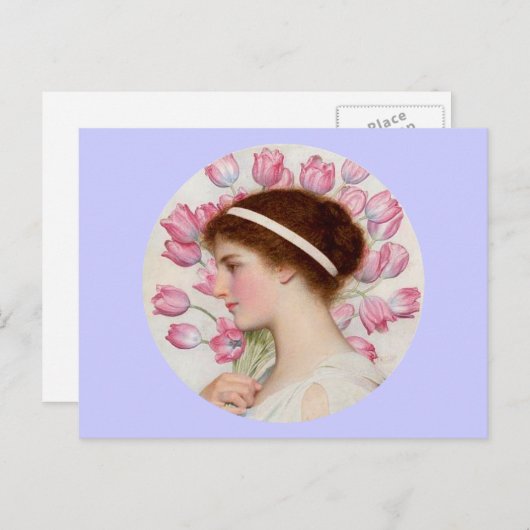 Carte Postale Dame en robe classique avec tulipes roses (Devant / Derrière)