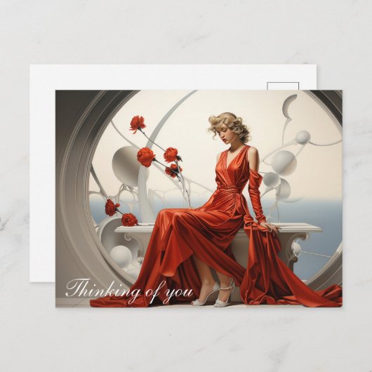 Carte Postale Dame en robe rouge dans un tableau blanc (Devant / Derrière)