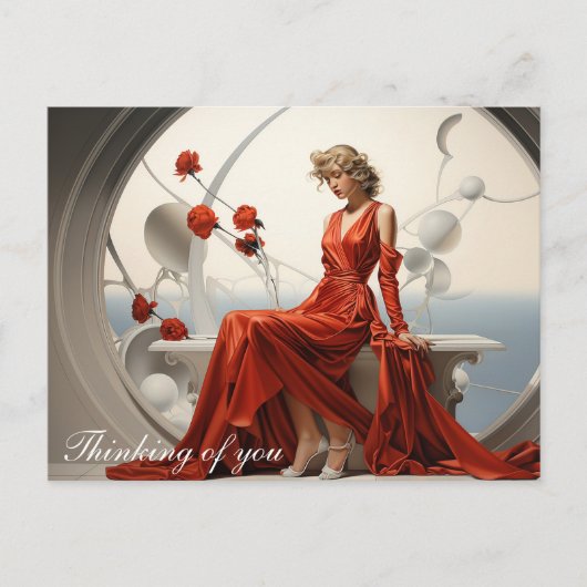 Carte Postale Dame en robe rouge dans un tableau blanc (Devant)