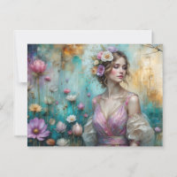 Dame en rose, texturé paysage floral or turquoise