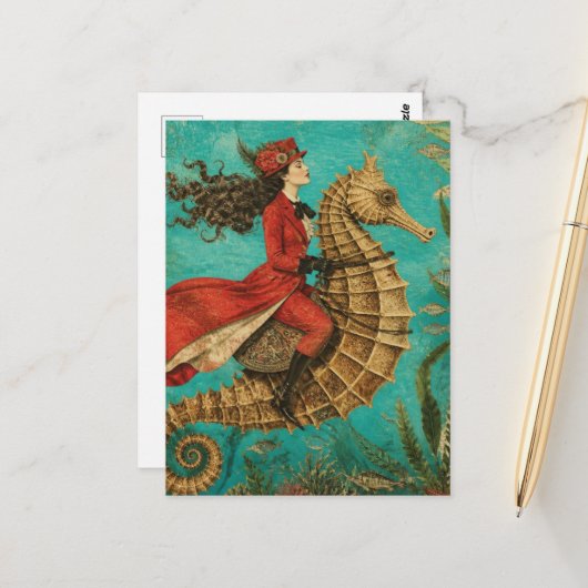 Carte Postale Dame équestre hippocampe (Devant/Arrière en situation)