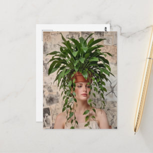 Carte Postale Dame et plante d'intérieur sur la tête