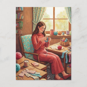 Carte Postale Dame faisant du crochet dans son salon de bricolag