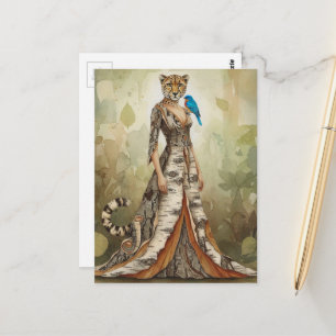 Carte Postale Dame guépard surréaliste en mode robe d'écorce de