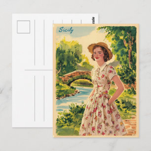 Carte Postale Dame italienne vintage de Sicile à la campagne 50s