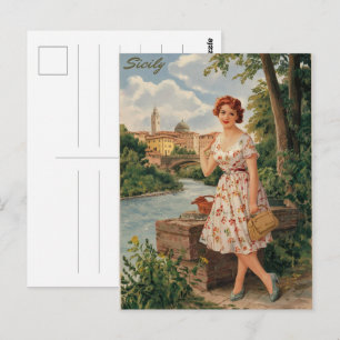 Carte Postale Dame italienne vintage de Sicile à la campagne 50s