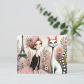 Carte Postale Dame parisienne Whimsical avec Chat Blanc Mince (Debout devant)