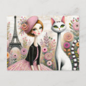 Carte Postale Dame parisienne Whimsical avec Chat Blanc Mince (Devant)