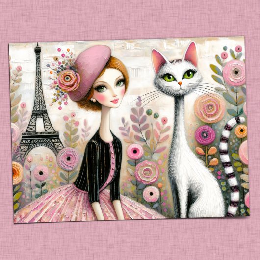 Carte Postale Dame parisienne Whimsical avec Chat Blanc Mince