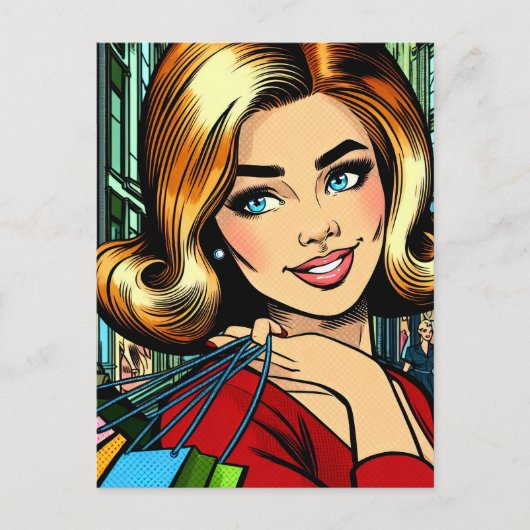 Carte Postale Dame Rétro avec Sacs de Courses Milieu de Siècle (Devant)