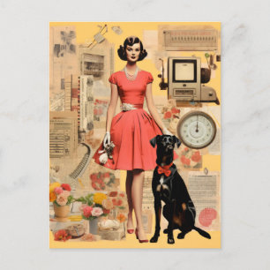 Carte Postale Dame rétro en robe avec chien noir Collage