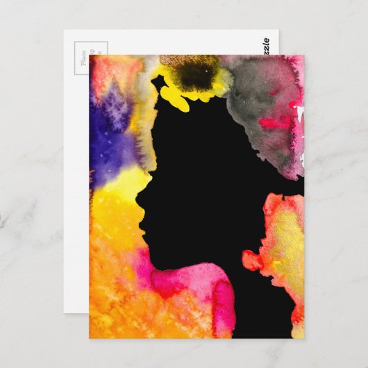 Carte Postale Dame tournesol silhouette art aquarelle (Devant / Derrière)